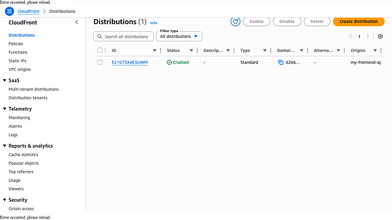 The CloudFront distributions list showing the distribution with Enabled status and its cloudfront.net domain name.