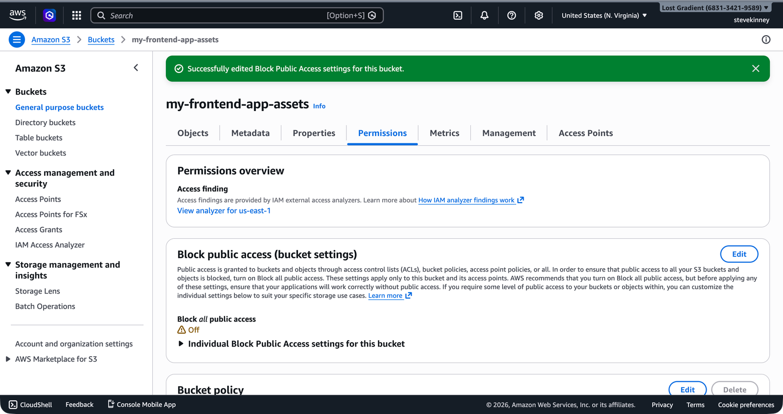 The S3 bucket Permissions tab showing Block Public Access labeled Off with a success banner confirming the change was saved.