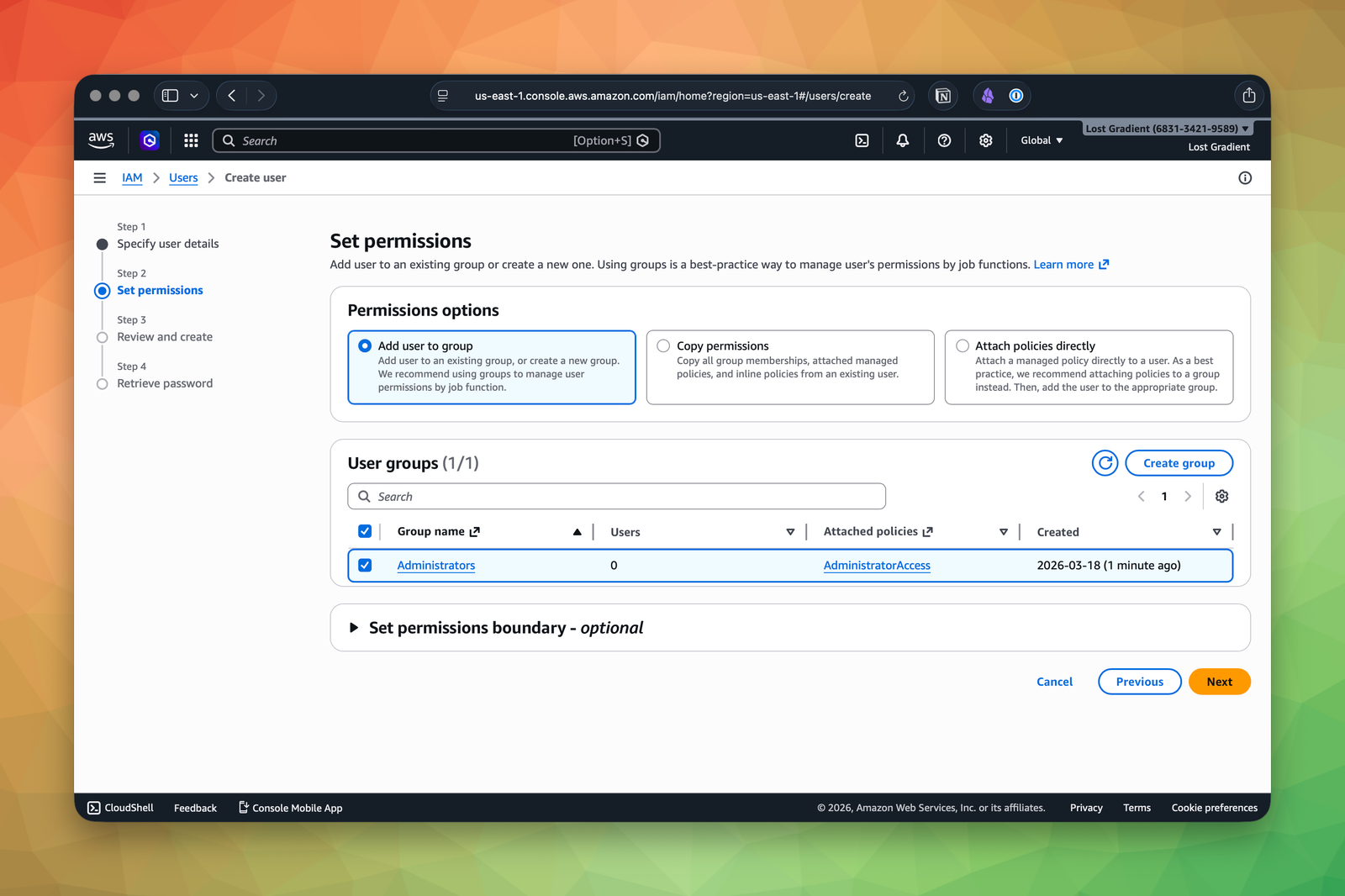 Set permissions screen with the Administrators group selected under the Add user to group option.