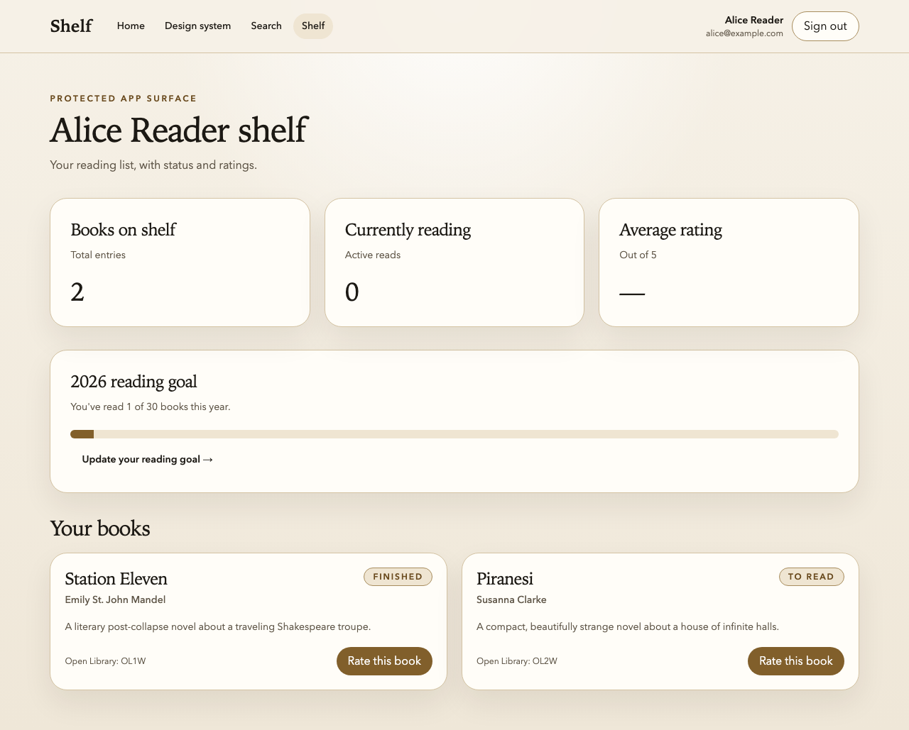 The shelf page after the reading-goals capstone, including the current-year progress bar and completed badge