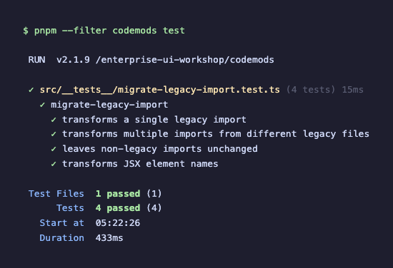 Codemod test results showing all tests passing
