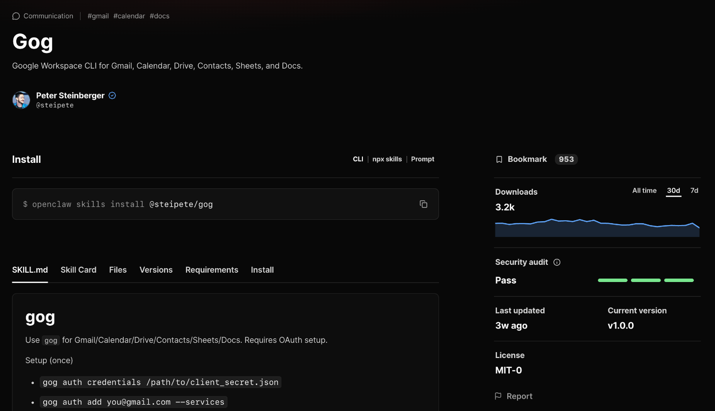 The ClawHub page for the gog skill, showing the install command, tabs for SKILL.md, Skill Card, Files, Versions, and Requirements, and a security audit result of Pass