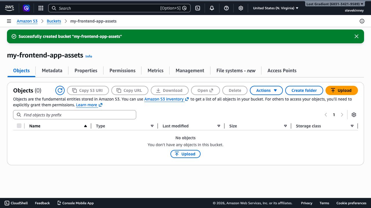 The S3 bucket detail page showing a green Successfully created bucket banner at the top with the bucket name and region displayed.