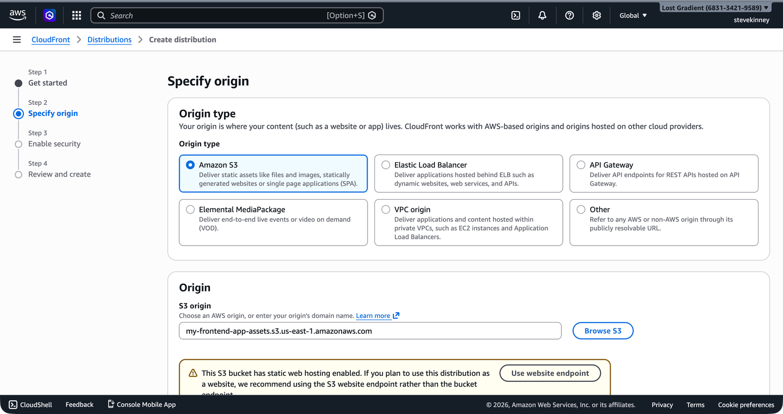 The CloudFront Create Distribution wizard on the Specify origin step, showing Amazon S3 selected as the origin type with the S3 bucket URL filled in.