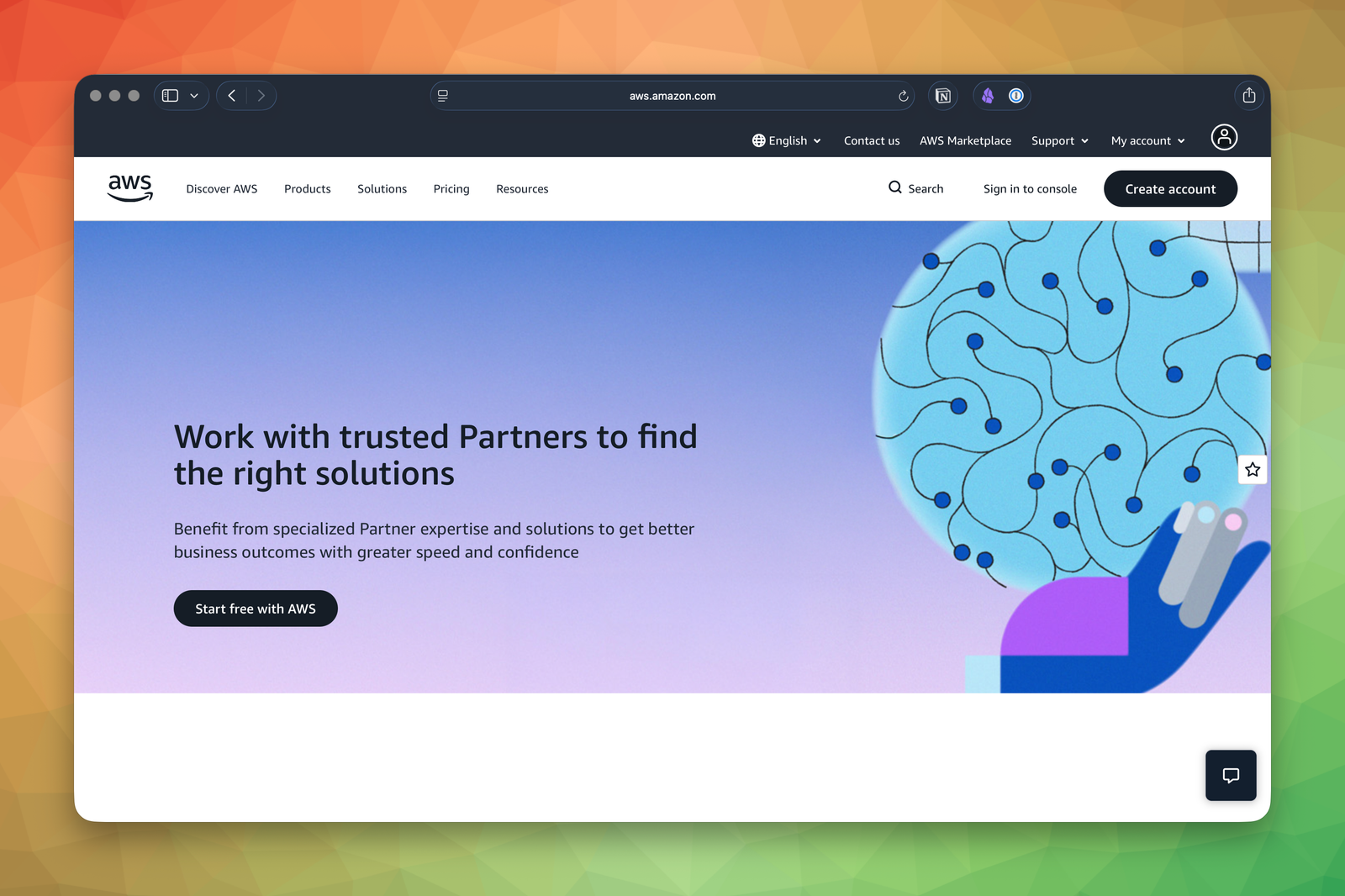 AWS homepage showing both the Create account button in the header and the Start free with AWS call-to-action in the hero.