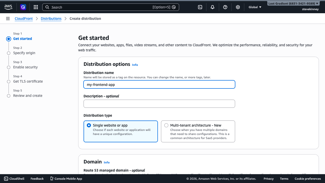 The CloudFront Create Distribution wizard Step 1, showing the distribution name field filled with my-frontend-app and the Single website or app type selected.