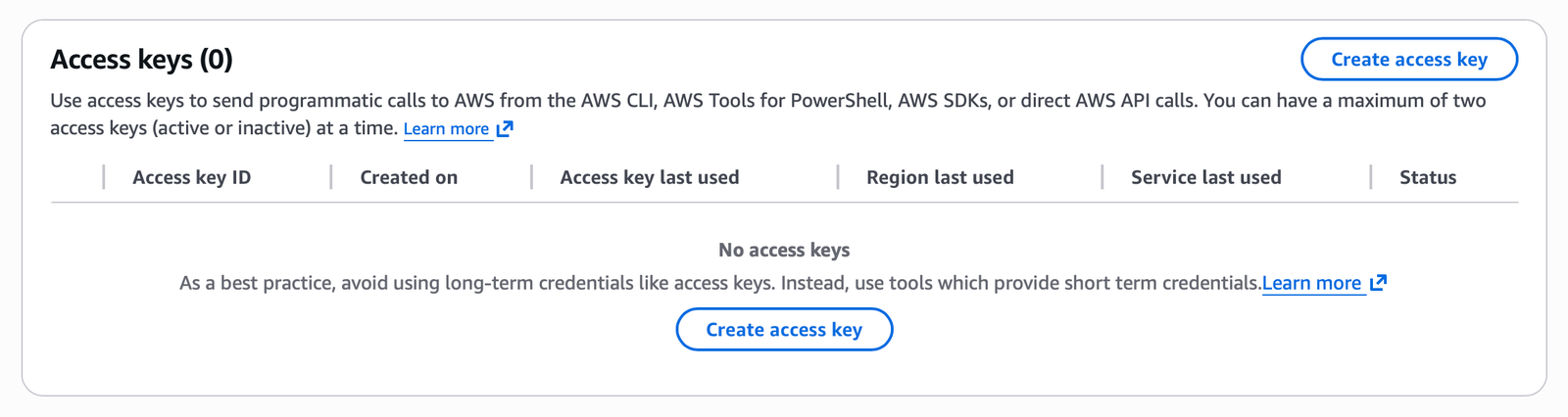 Security credentials tab for an IAM user showing the Access keys section and the Create access key button.