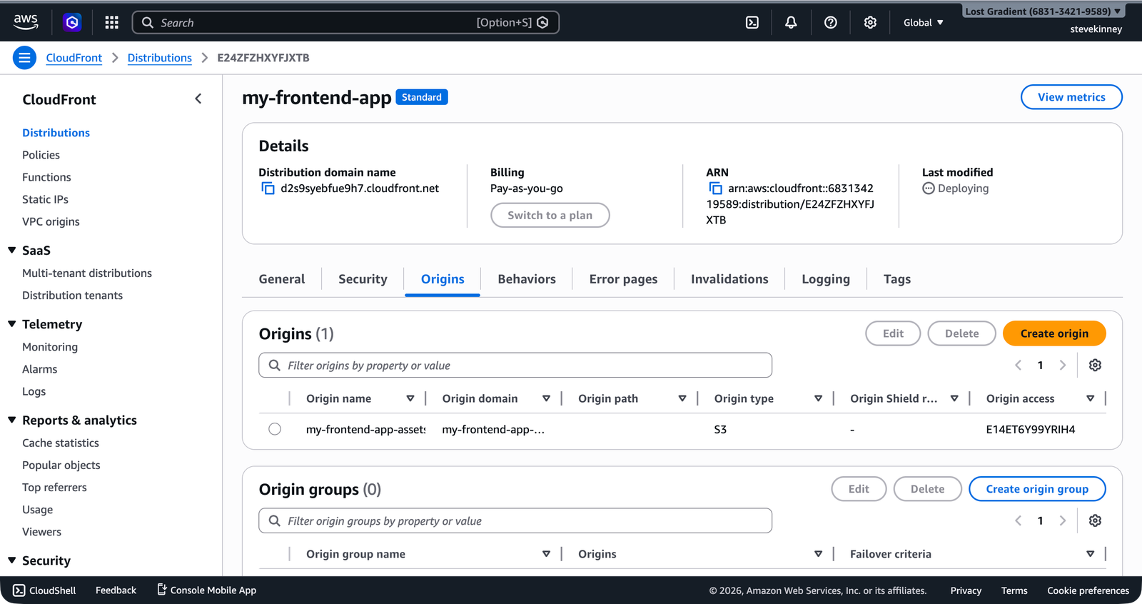 The CloudFront distribution Origins tab showing the S3 origin with an OAC ID in the Origin access column.