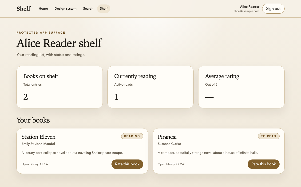 The Shelf visual baseline rendered from the committed Playwright snapshot