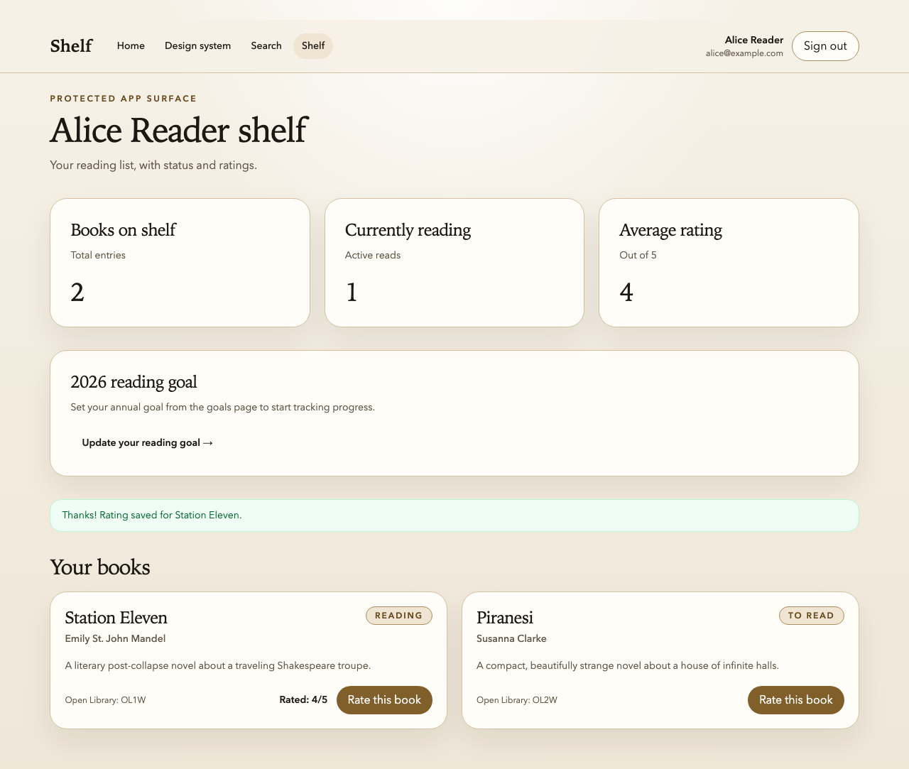 The hardened rate-book flow showing the persisted success toast and updated shelf summary