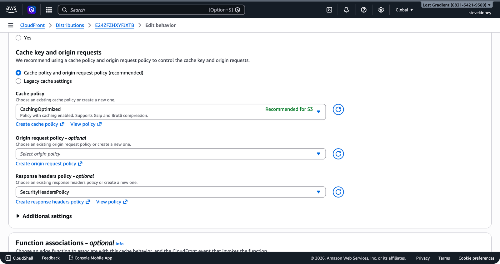 The CloudFront Edit behavior form showing the Response headers policy section with SecurityHeadersPolicy selected from the dropdown.