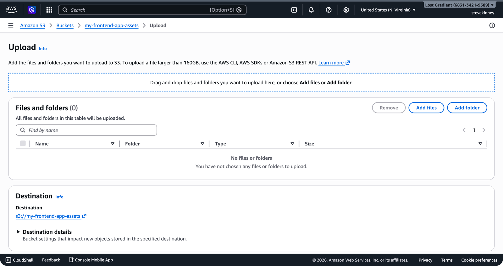 The S3 upload dialog showing the drag-and-drop area before any files are added.