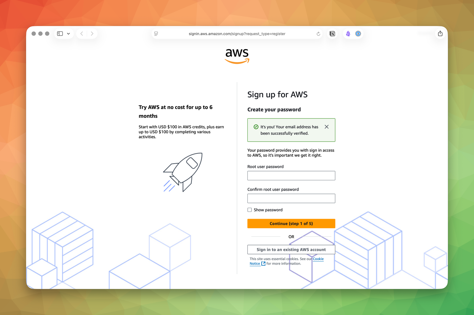 Root password screen shown immediately after email verification in the AWS signup flow.