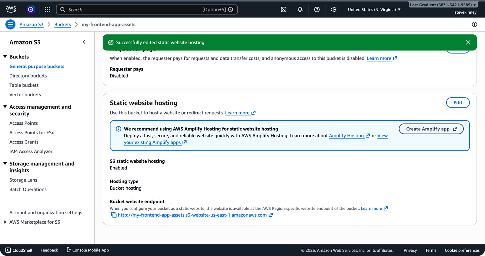 The S3 bucket Properties tab showing Static website hosting as Enabled with the website endpoint URL displayed.