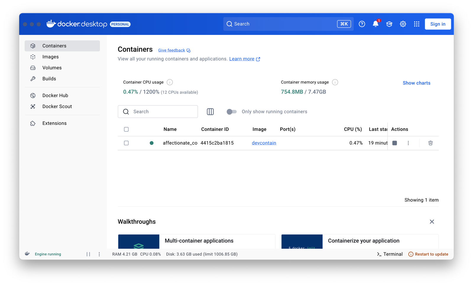 Docker Desktop showing a running container