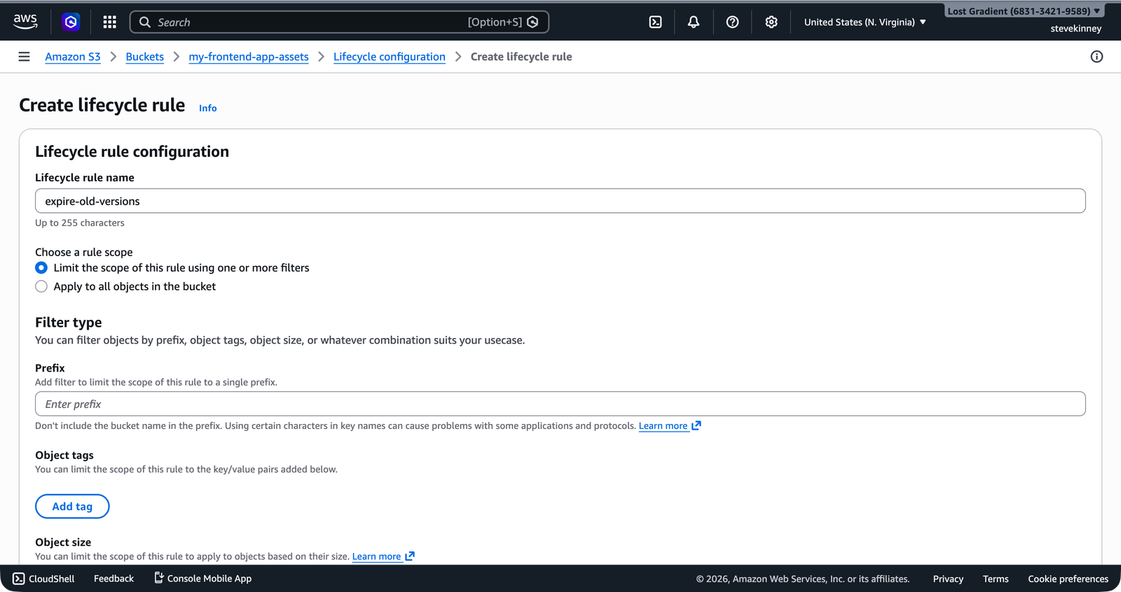 The S3 Create Lifecycle Rule form showing the rule name expire-old-versions and scope options for filtering by prefix.