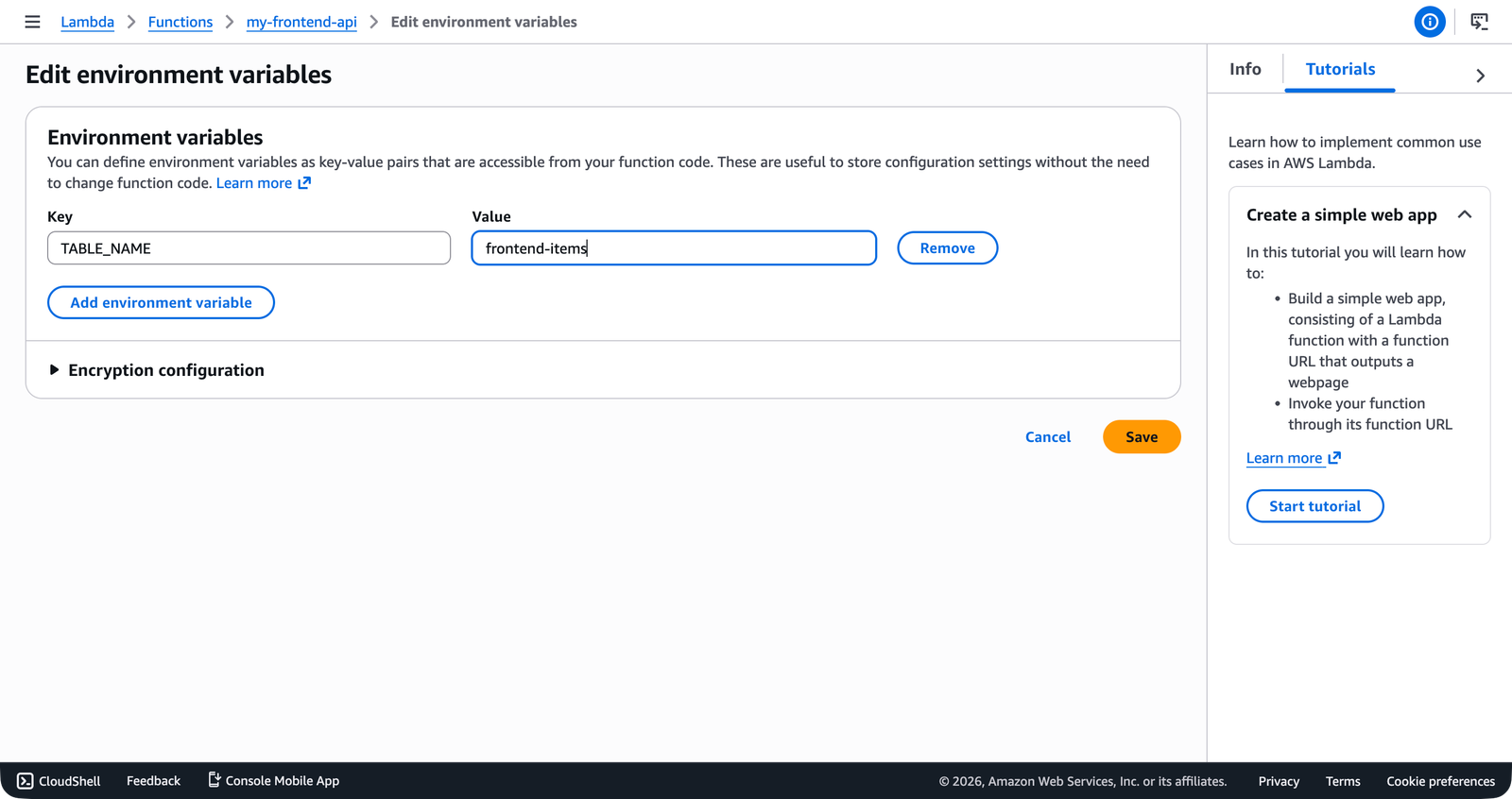 The Lambda Edit environment variables form showing TABLE_NAME set to frontend-items.
