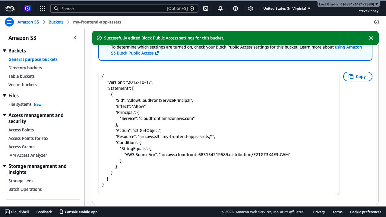 The S3 bucket Permissions tab showing the bucket policy with cloudfront.amazonaws.com as the service principal and a condition restricting access to a specific distribution ARN.